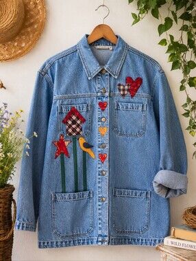 Vintage Cabin Creek Denim Chore Jacket Cottagecore Birdhouse Applique Folk Art